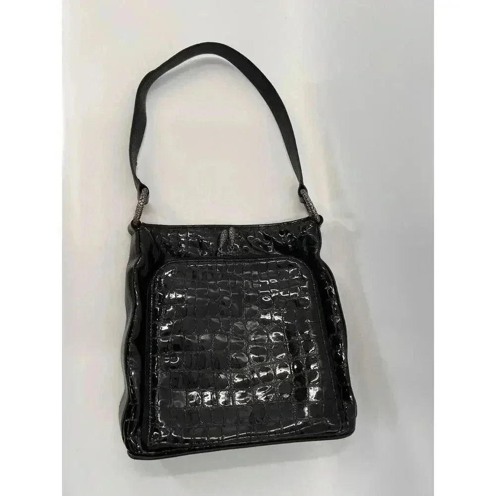 Brighton Sonny Shoulder Bag Black Embossed Crocodile Patent Leather 10" X 9.5"
